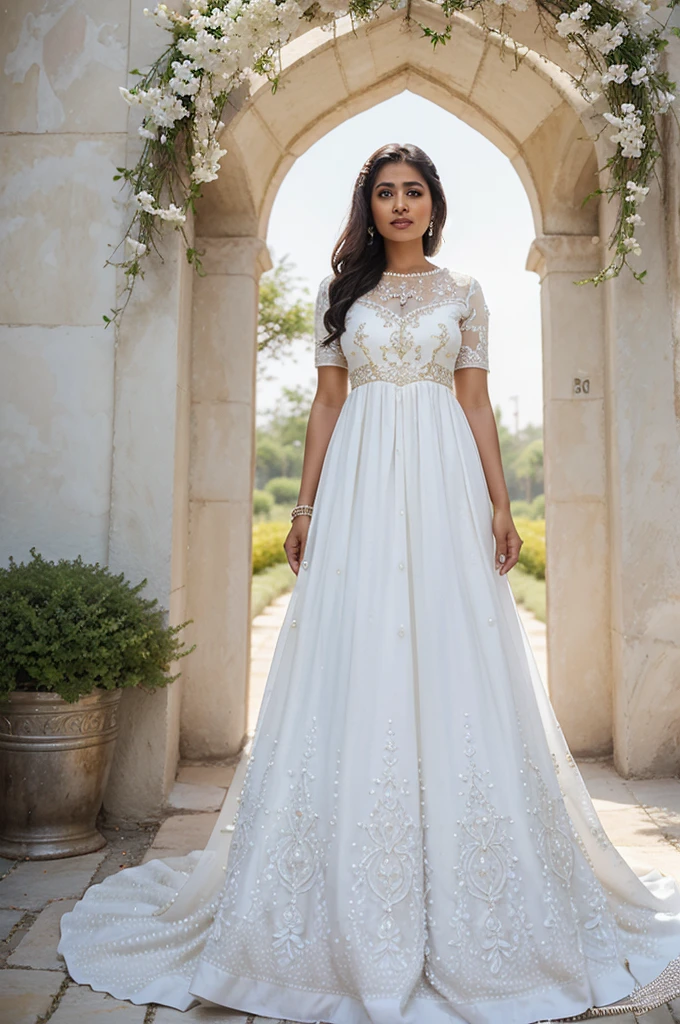 Original painting of a 30 years old south asian woman wearing a beautiful white dress with white embroidered pearls all over the dress. She is standing in an heavenly garden
