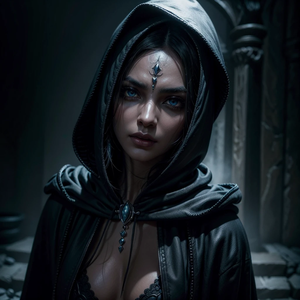 A dark-skinned Dunmer necromancer, beautiful detailed eyes, beautiful detailed lips, extremely detailed face, long eyelashes, hooded cloak, necromantic powers, stealthy movements, worshiper of Namira, dark fantasy, dark magic, moody lighting, cinematic composition, dramatic atmosphere, chiaroscuro lighting, digital painting, concept art style, muted color palette, deep shadows, intricate details