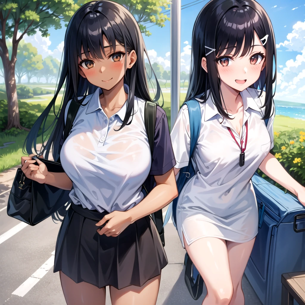 ((best quality)), ((masterpiece)), (details), one girl, sexy ((best quality)), ((masterpiece)), (details), one girl, sexy ((best quality)), ((masterpiece)), (details), one girl, full body, sexy expensive body, expensive, long legs, mature woman, mature, adult, it_nagatoro_main, Nagatoro Hayase, one girl, blushing, alone, uniform polo shirt, black hair, bag, brown eyes, hair accessory, looking at viewer, hair clip, outdoors, backpack, smiling, long hair, dark skinned woman, dark skin, , bangs, daytime, skirt, collared shirt, collarbone, ear clip, mouth closed, tree, asymmetrical bangs, upper body