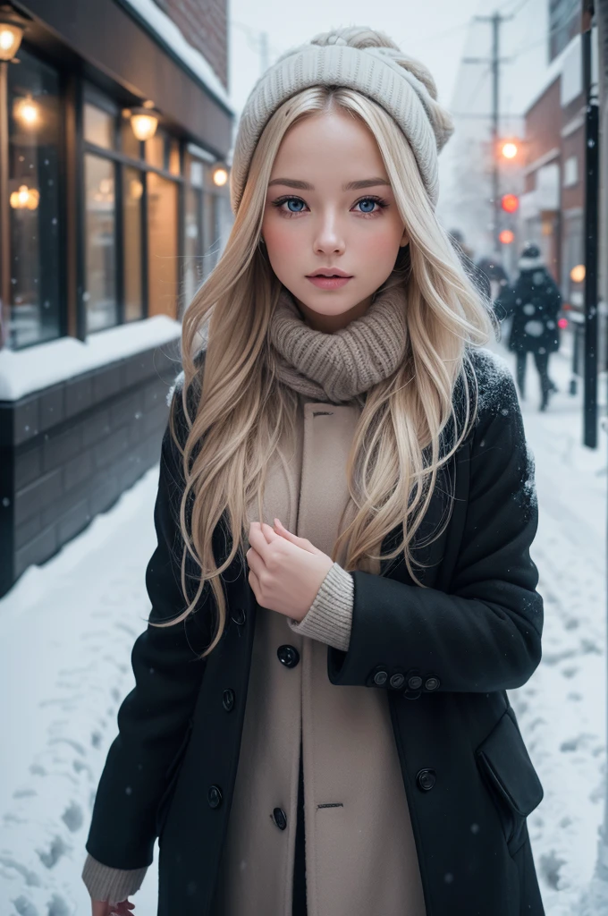 professional photography of a beautiful norwegian girl in winter clothes with long wavy blonde hair, sensual and seductive look, beautiful symmetrical face, beautiful natural makeup, wearing chic warm winter fashion clothing, ((standing outside on the snowy city street)), impressive modern urban environment, ultra realistic, conceptual artwork, chic, highy detailed, intricate, sharp focus, Depth of field, f/1. 8, 85 mm, medium shot, mid shot, (((professional color grading))), soft and bright diffused light, (Volumetric fog), Trends on Instagram, HD 4k, 8K swallowing