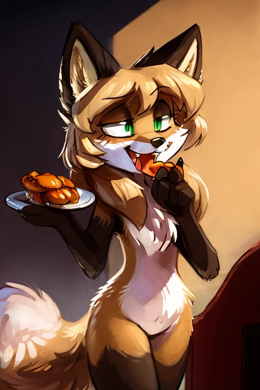 Kinky smiling, uploaded the e621, by Kenket, by waspsalad, by phluks, by zero-sum, beautiful and detailed, woman (((female))) ((anthro)) Fox, (Averi, Fox girl), cinematic lighting, Fox, (anthro, fluffy fur, character focus:1.1), anthro fox girl, body fur, curvy, sexy, nice, cute, hot, (half-closed eyes), green eyes, 1girl, fish, biting fish, eating fish