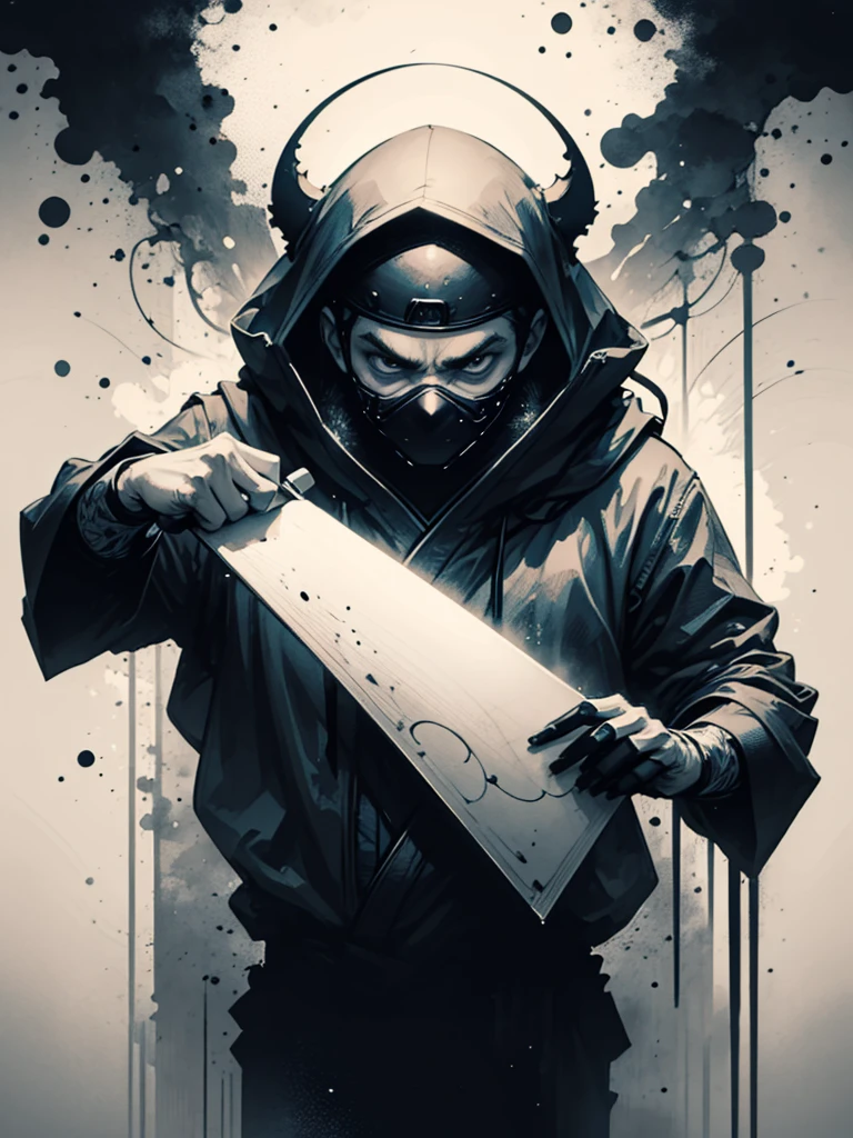 Masterpiece of a ninja, by Aase Berg, high contrast color details, black and white, anime style, Japanese theme, hyperdetailed, ultra quality, 4k, intricate lighting, chiaroscuro, white background with one color ink spots, drawing stroke made with 0.5mm Rottring pen