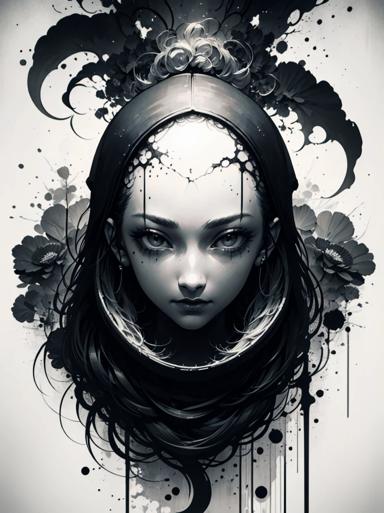 Masterpiece of a ninja, by Aase Berg, high contrast color details, black and white, anime style, Japanese theme, hyperdetailed, ultra quality, 4k, intricate lighting, chiaroscuro, white background with one color ink spots, drawing stroke made with 0.5mm Rottring pen