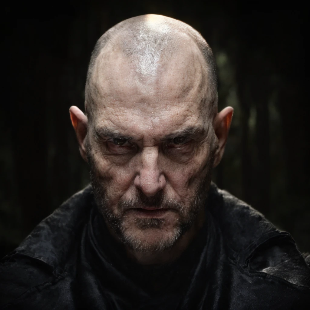 (masterpiece)+, (extremely (realistic)+,a portrait of an ugly adult male cultist, bald, Maniacal cold stare. Looking in camera. volumetrics dtx, Photorealistic, ultra detailed, Artstation trending, very very detailed, realistic shaded lighting, dynamic shadows, detailed Dark forest background, upper body, professional photograph of a detailed skin, sharp focus, dramatic, award winning, cinematic lighting, octane render, unreal engine, volumetrics dtx, Photorealistic, ultra detailed, Artstation trending, very very detailed, hyperrealistic, fine details, realistic shaded lighting, dynamic shadows, Dark forest background, add_detail:1, skin pores and wrinkles, details.,More Reasonable Details