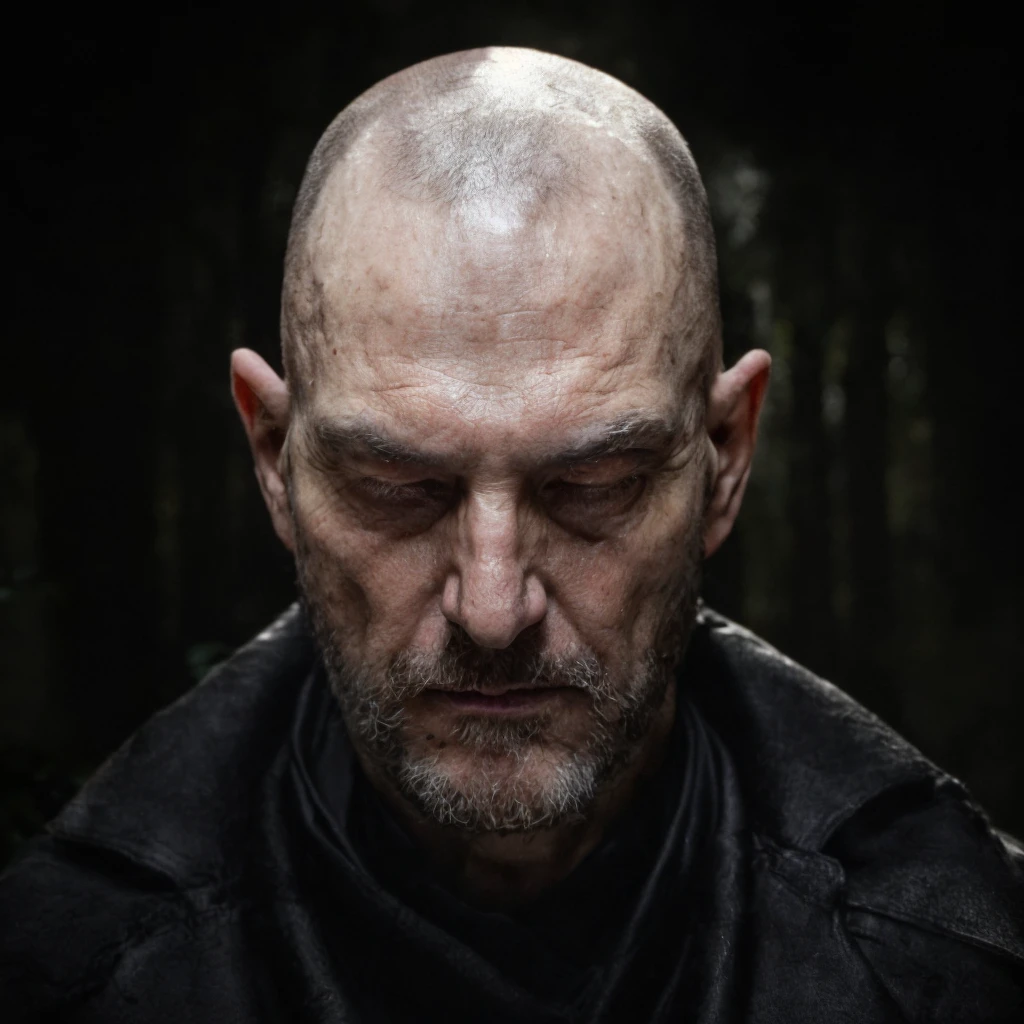 (masterpiece)+, (extremely (realistic)+,a portrait of an ugly adult male cultist, bald, Maniacal cold stare. Looking in camera. volumetrics dtx, Photorealistic, ultra detailed, Artstation trending, very very detailed, realistic shaded lighting, dynamic shadows, detailed Dark forest background, upper body, professional photograph of a detailed skin, sharp focus, dramatic, award winning, cinematic lighting, octane render, unreal engine, volumetrics dtx, Photorealistic, ultra detailed, Artstation trending, very very detailed, hyperrealistic, fine details, realistic shaded lighting, dynamic shadows, Dark forest background, add_detail:1, skin pores and wrinkles, details.,More Reasonable Details