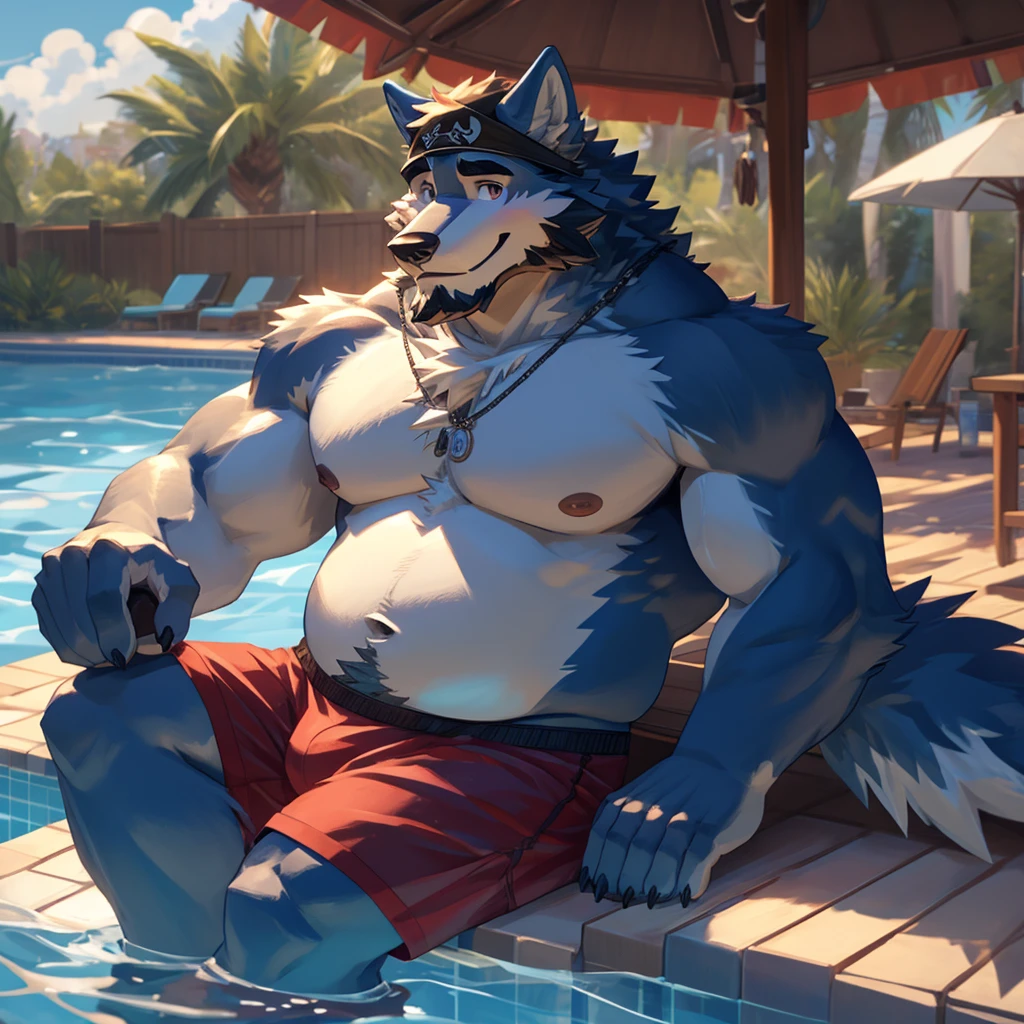 (Best Quality), (Ultra Details), (Eyes Details), (Ultra HD) ,Furry, anthro, Wolf, Light Blue Fur , Chubby , Beard , Middle Ages , Naked , Wearing Boxer , Wearing Black Cap , Pool Party , Sit Alone , Shy , Smile , 