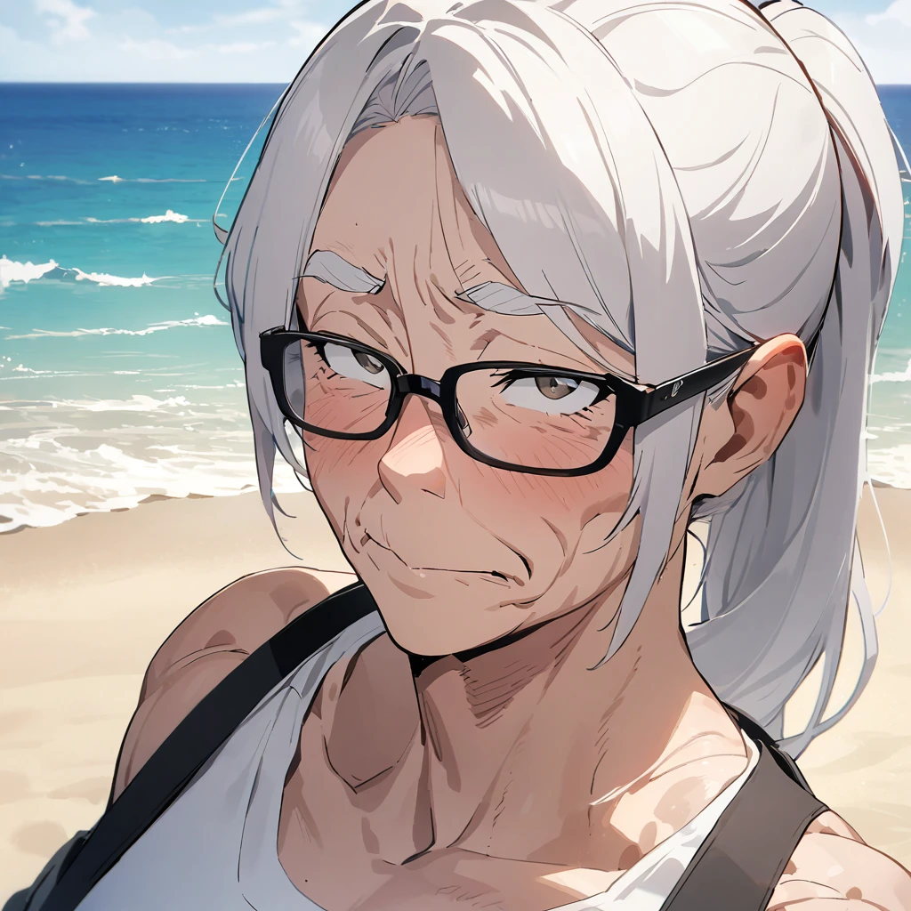 Top quality, masterpiece, 60 years old, muscular old woman, wrinkles on face, glasses, white hair, ponytail, ((棒でスイカを叩く)), sandy beach, sea