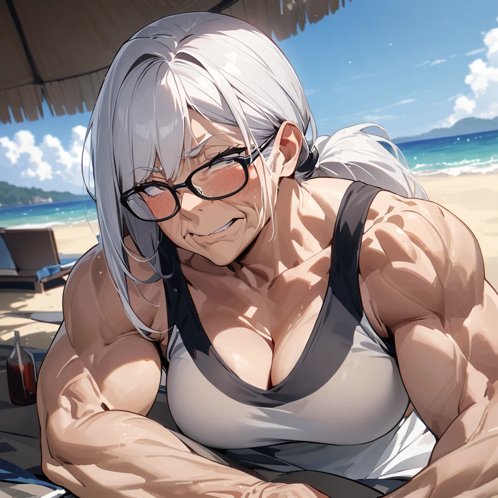 Top quality, masterpiece, 60 years old, muscular old woman, wrinkles on face, glasses, white hair, ponytail, ((棒でスイカを叩く)), sandy beach, sea