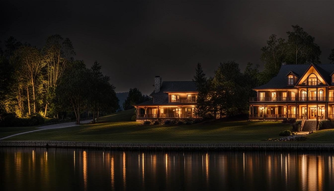 The front of a house on the lake is a dark night with little lighting.
