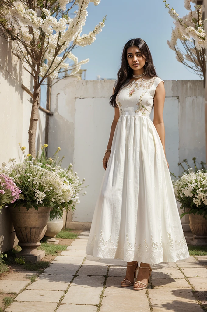 Original painting of a 30 years old south asian woman wearing a beautiful white dress with white embroidered pearls all over the dress. She is standing in an heavenly garden with a lot of flowers