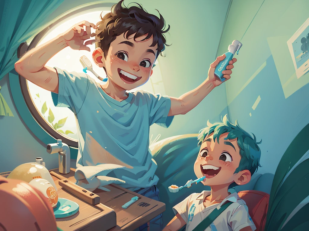 A smiling boy, brushing teeth , his hand with toothpaste, as if I imagined flying.