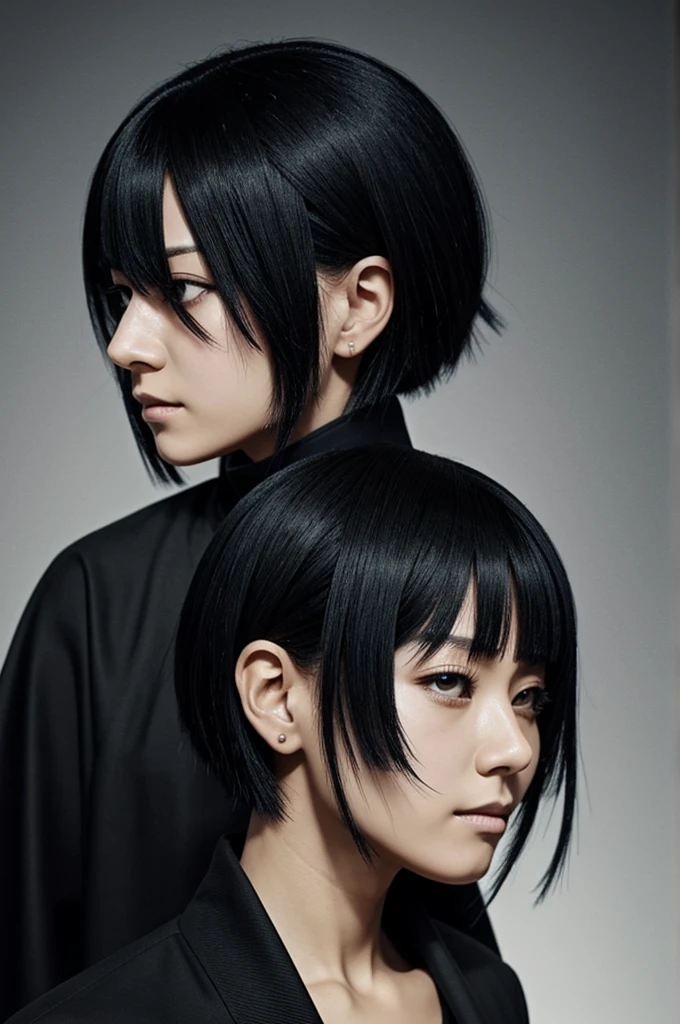 SUKUNA from Jujutsu Kaisen but girl with black hair and looking side ways which is in the left in my perspective