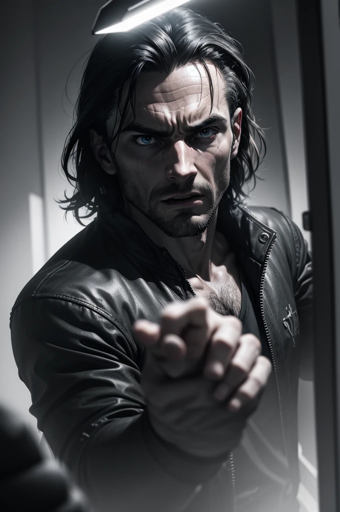 a man pointing at screen with fear and shock, in a dark environment, cinematic lighting, dramatic mood, chiaroscuro lighting, moody atmosphere, horror, suspense, thriller, detailed facial features, intense expression, tense body language, high quality, 8k, photorealistic, hyperrealistic