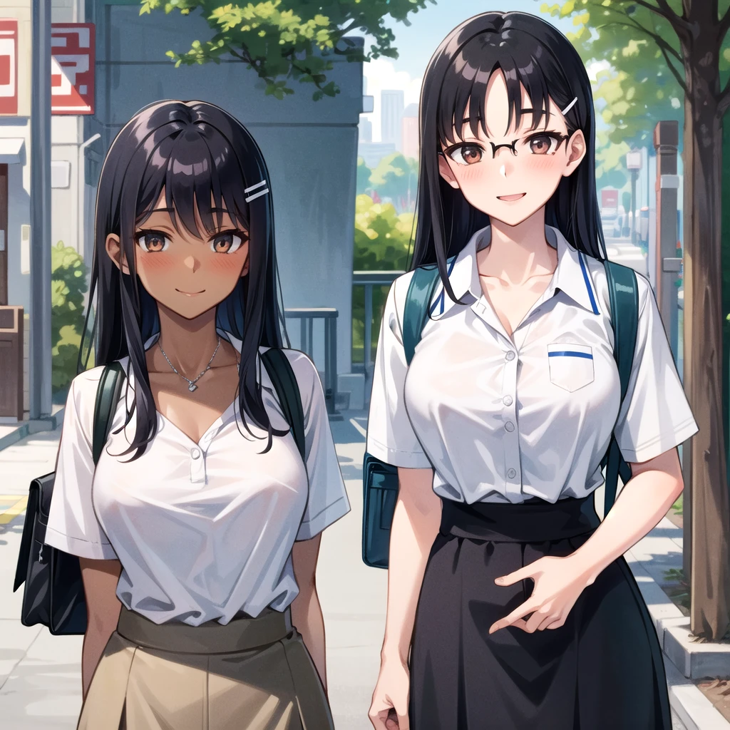 ((best quality)), ((masterpiece)), (details), one girl, sexy ((best quality)), ((masterpiece)), (details), one girl, sexy ((best quality)), ((masterpiece)), (details), one girl, full body, sexy expensive body, expensive, long legs, mature woman, mature, adult, it_nagatoro_main, Nagatoro Hayase, one girl, blushing, alone, uniform polo shirt, black hair, bag, brown eyes, hair accessory, looking at viewer, hair clip, outdoors, backpack, smiling, long hair, dark skinned woman, dark skin, , bangs, daytime, skirt, collared shirt, collarbone, ear clip, mouth closed, tree, asymmetrical bangs, upper body