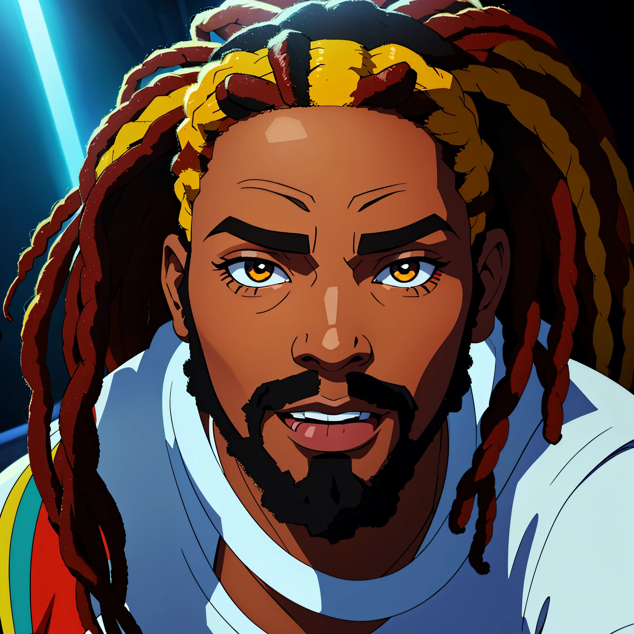 a close-up photo of 1 black male, reggae superstar "Marley Blaze", detailed facial features, dreadlocks, warm lighting, studio lighting, neon lights, vibrant colors, 80s aesthetic, photorealistic, highly detailed, sharp focus, 8k, best quality