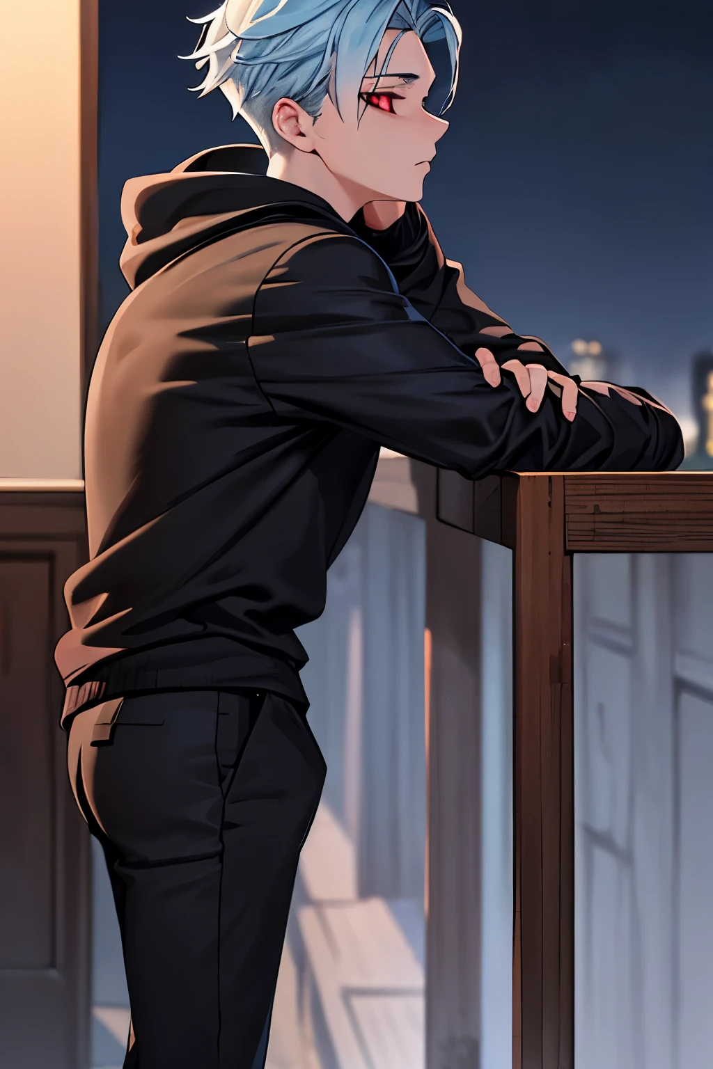 masterpiece, best quality, ultra-detailed, illustration, 1boy, solo, black hoodie,black trousers, Standing, at night, looking away, ,Facing right, camera angle from the side, photo from the side,close up photo , ban_nanatsu_no_taizai,Blue hair, red eyes