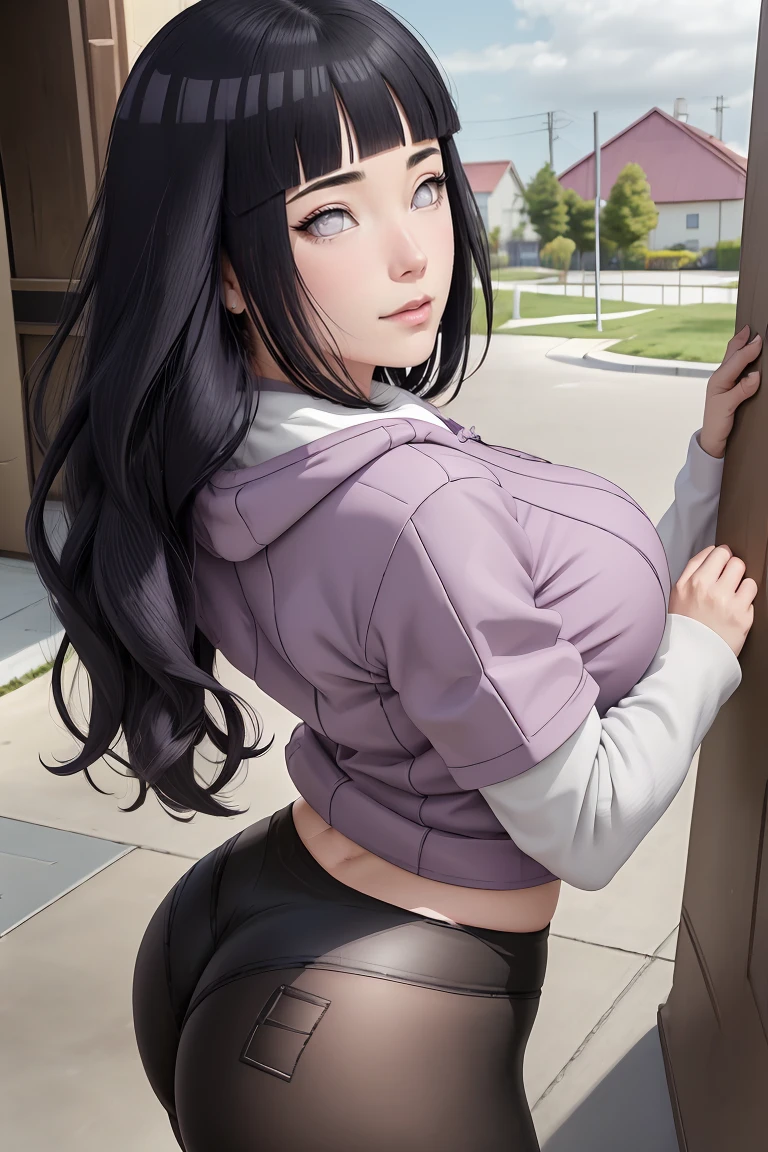 master part, absurdities, hinata\(boruto\), 1 girl, Alone,mature female, purple hood,layered sleeves, Brown jeans, outdoor, cloudy sky, perfect composition, detailed lips, big breasted, beautiful face, body proportion, blush, (pink lips), short black hair (black fur), lilac eyes, soft look, super realistic, detailed, Photoshoot, realistic face and body, realistic hair, realistic eyes, realistic nose, realistic lips, oversized black sweater, tight black leggings, cheered up, dancing lightly. on your back, with chin under shoulder, looking back sensually, sexy smile, Closed mouth. different pose.