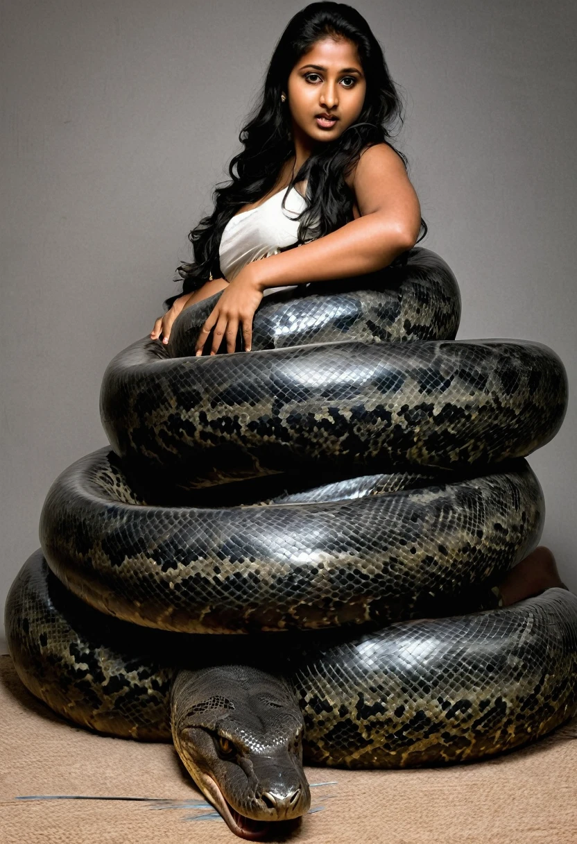  Pregnant Happy Horny, aroused 1girl), beautiful kneeling ebony     girl  with  giant colossal  white  titanboa squeezing her hard, wrapped in thick spiraling coils, constricted, struggle, gasping for air, snake attack, snake peril, moonless night, dim light