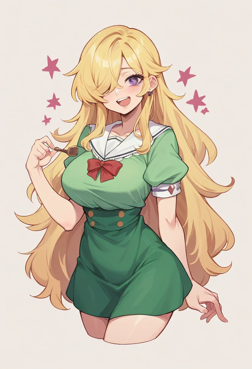 ((Best Quality)), ((Masterpiece)), (detailed), 1 girl, Pastel yellow hair, wide, hair covers one eye, purple eyes, tight, big breasts, big thighs, expression smiling shy, at home, duchansose, unclothed, holding her breasts