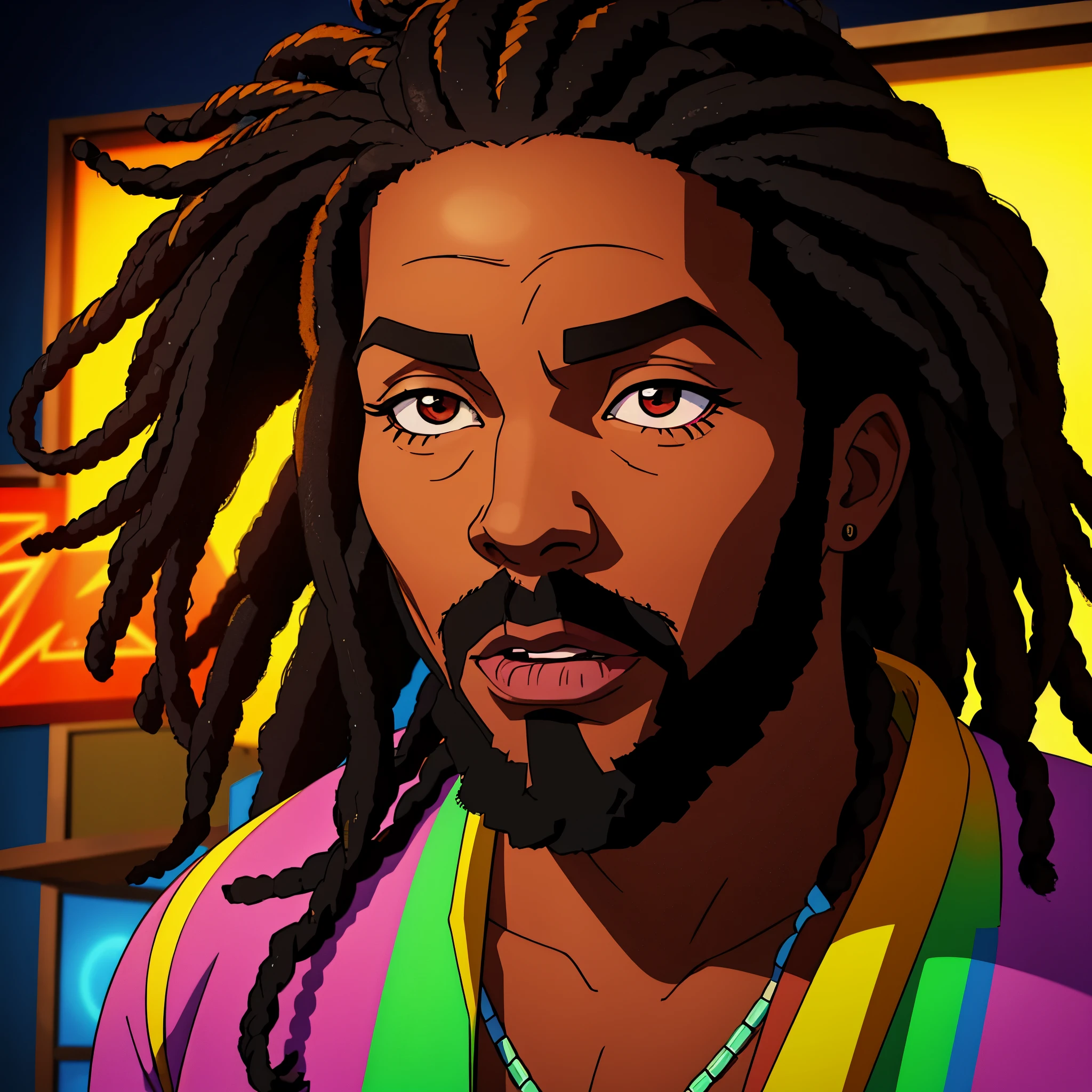 a close-up photo of 1 black male, reggae superstar "Marley Blaze", detailed facial features, dreadlocks, warm lighting, studio lighting, neon lights, vibrant colors, 80s aesthetic, photorealistic, highly detailed, sharp focus, 8k, best quality