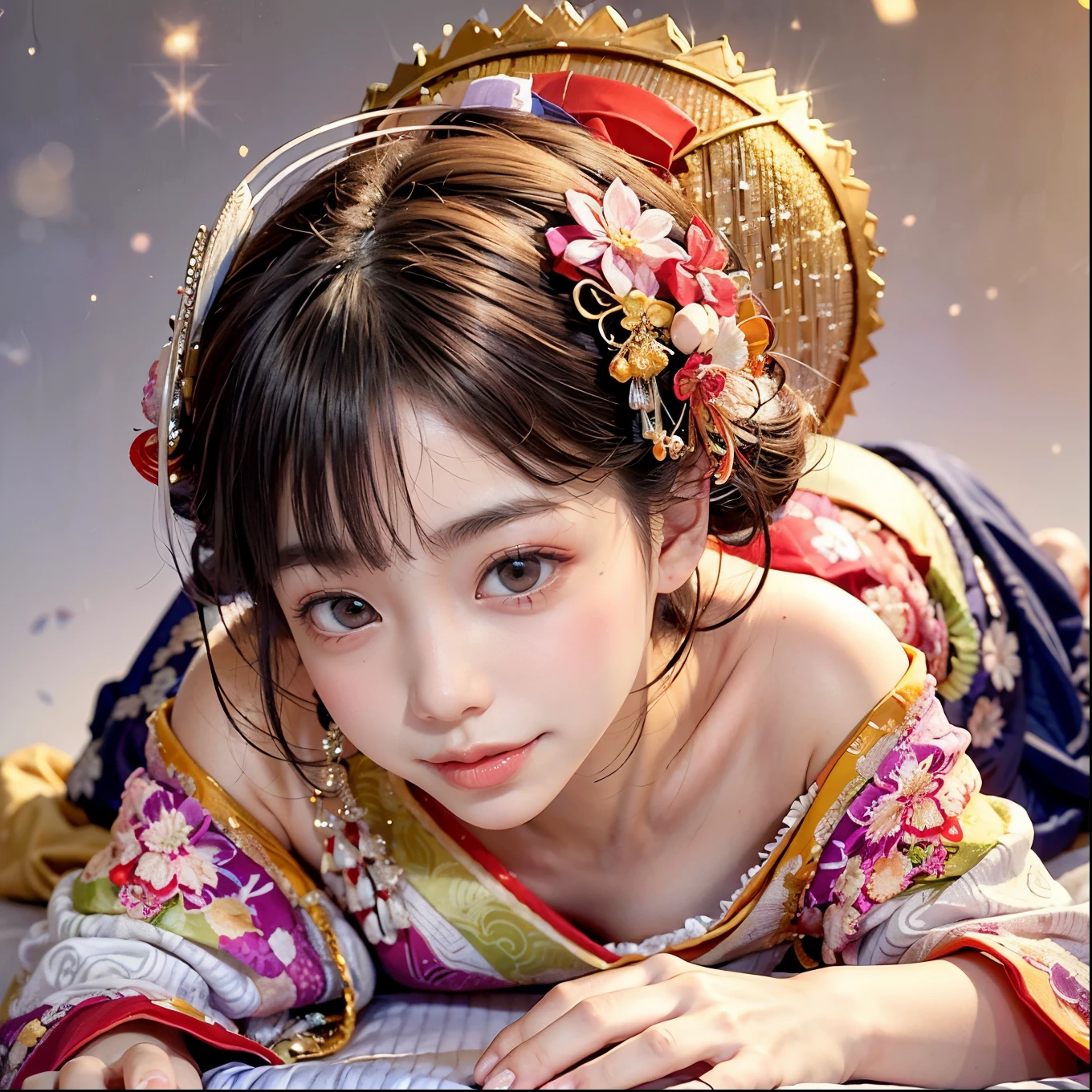 (PUNIPUNI offshoulder KIMONO offshoulder KANZASHI flowers Hairpin )High-level, 8K Masterpiece TopQuality, Ultra-detailed CG, Absurd detailed wallpaper, PerfectLighting, Extremely detailed (((Personifying " Oiran " as a KAWAII Girl))), Characteristic Items, aesthetic LifeLike Rendering, MysticSight, Haze Tyndall Scattering, (Studio GRAY Background with (Oodles Dazzling RainbowColorParticles (bokeh))), (((Assfocus)) RoundlyButts ThighGap), (Exposed:0.44) 🔞 BREAK (Acutance:0.8), (NOGIZAKA FaceVariations) Extremely Detailed very KAWAII FaceVariations, Childish CaptivatingGaze ElaboratePupils Detailed Eyes with (SparklingHighlights:1.28), (Voluminous LongEyelashes:0.88)、Glossy RedLips with beautiful details, CoquettishTongue, RosyCheeks, Radiant PearlSkin with Transparency, Glowing DowneyHair . { (Dynamic LifeLike expressions:1.4) | (:d) }, (large eyes:-1) .