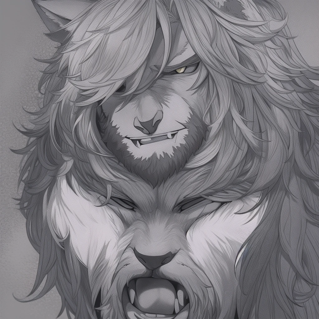 A character reference sheet with multiple poses and expressions of a masculine chubby anthropomorphic chinese foo dog als known as a guardian lion. with large canines, mane and fluffy tail and an autumn motif. Strong, masculine, mischievous, kind