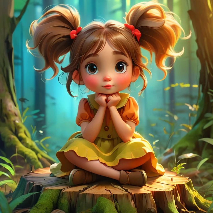 Close-up of a girl, sitting on a stump in the forest, charming digital painting, cute detailed digital art, Cute digital art, children's creativity in artstation, little Elf, Cute little troll, Digital Cartoon Painting, pixie character, Cute cartoon character, Realistic picture of a cute girl, Elf, digital painting cartoon, beautiful digital images, cute forest creature