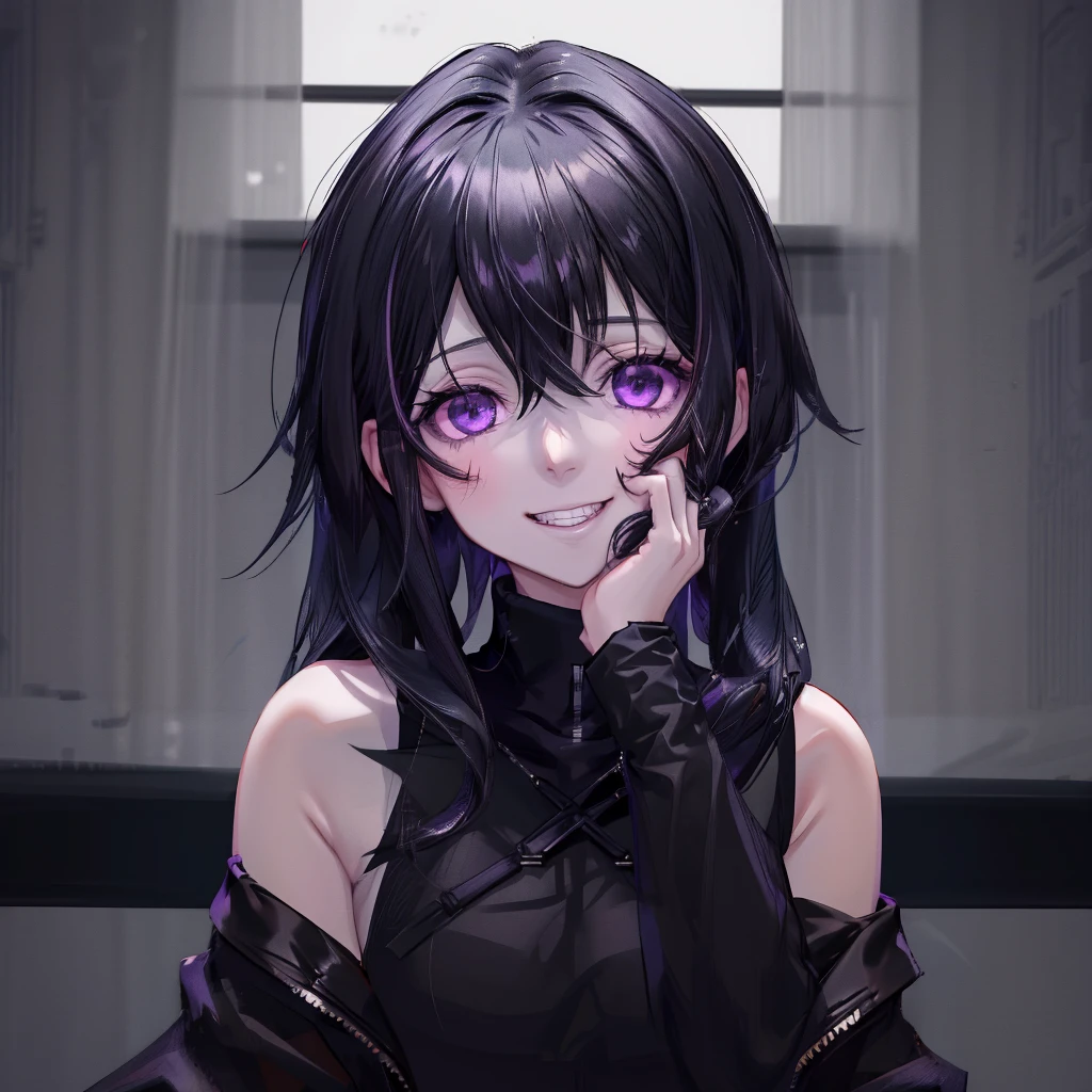 best quality, masterpiece, very aesthetic, half-length portrait, close shot, front view, facing_viewer, Front Facing,1 girl, black hair, long hair, monochromatic, pale face, crazy eyes, insane, sleeveless turtleneck, wearing coat with low hanging shoulders, purple eyes, looking_at_viewer, yandere face, gesugao, grin, black linings, stark white background, plain background, simple_background ,edgGesugao, yandere, perfect face, pretty