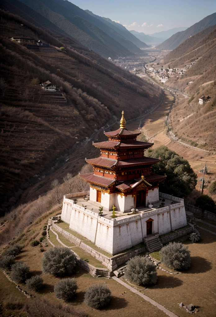 buddhist monastery, in a mountainous area, viewed from the top