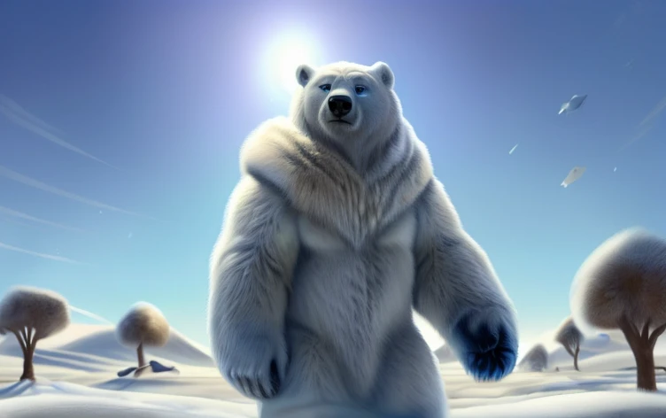 ((A humanoid white polar bear with abnormal musculature, very robust, blue eyes is standing looking up looking at the sky and uses some animal hides as clothing)), frozen ground and desert scenery, no trees there are no plants on this planet. Low left photography angle