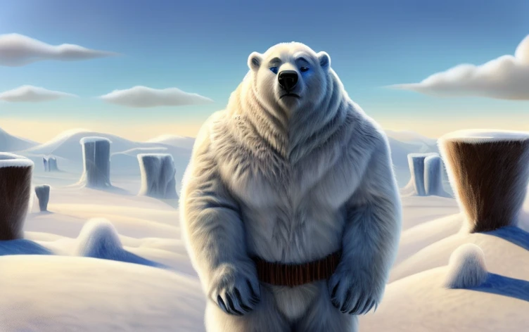 ((A humanoid white polar bear with abnormal musculature, very robust, blue eyes is standing looking up looking at the sky and uses some animal hides as clothing)), frozen ground and desert scenery, no trees there are no plants on this planet. Low left photography angle 