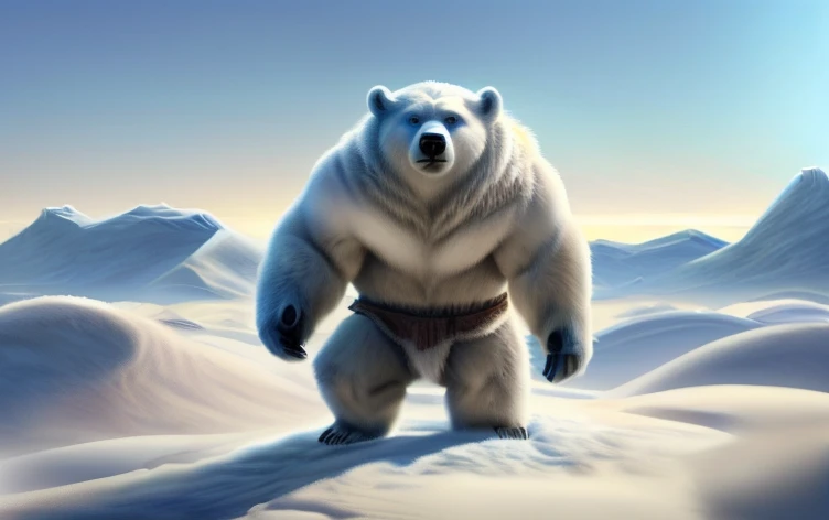 ((A humanoid white polar bear with abnormal musculature, very robust, blue eyes is standing looking up looking at the sky and uses some animal hides as clothing)), frozen ground and desert scenery, no trees there are no plants on this planet. Low left photography angle