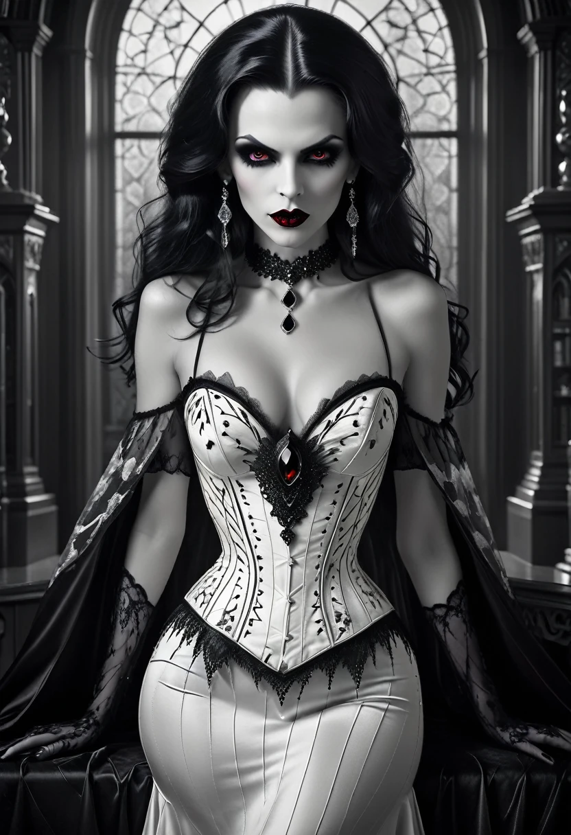 fantasy art deco (art deco: 1.5) A (black and white: 1.5) glamours (vampire: 1.5) model shot, RAW, award winning, of an exquisite beautiful 1solo female vampire, ultra feminine, full body, busty woman, most beautiful face ultra detailed face, long hair, wavy hair, pale skin, glowing (red: 1.3) eyes, wearing (purple: 1.5) silk intricate glamour dress corset , studded with (black opals: 1.3) wearing intricate high heels, lying in bed, light make up, ancient library background, , (black and white filter: 1.4), (anatomically correct: 1.4), 1960s photoshoot style, picture taken from dynamic range, vibrant, Ultra-high resolution, High Contrast, (masterpiece:1.5), highest quality, Best aesthetics), best details, best quality, highres, ultra wide angle, 16k, [ultra detailed], masterpiece, best quality, (extremely detailed), Intense Gaze, dark novel, Blood_Covered, goth person