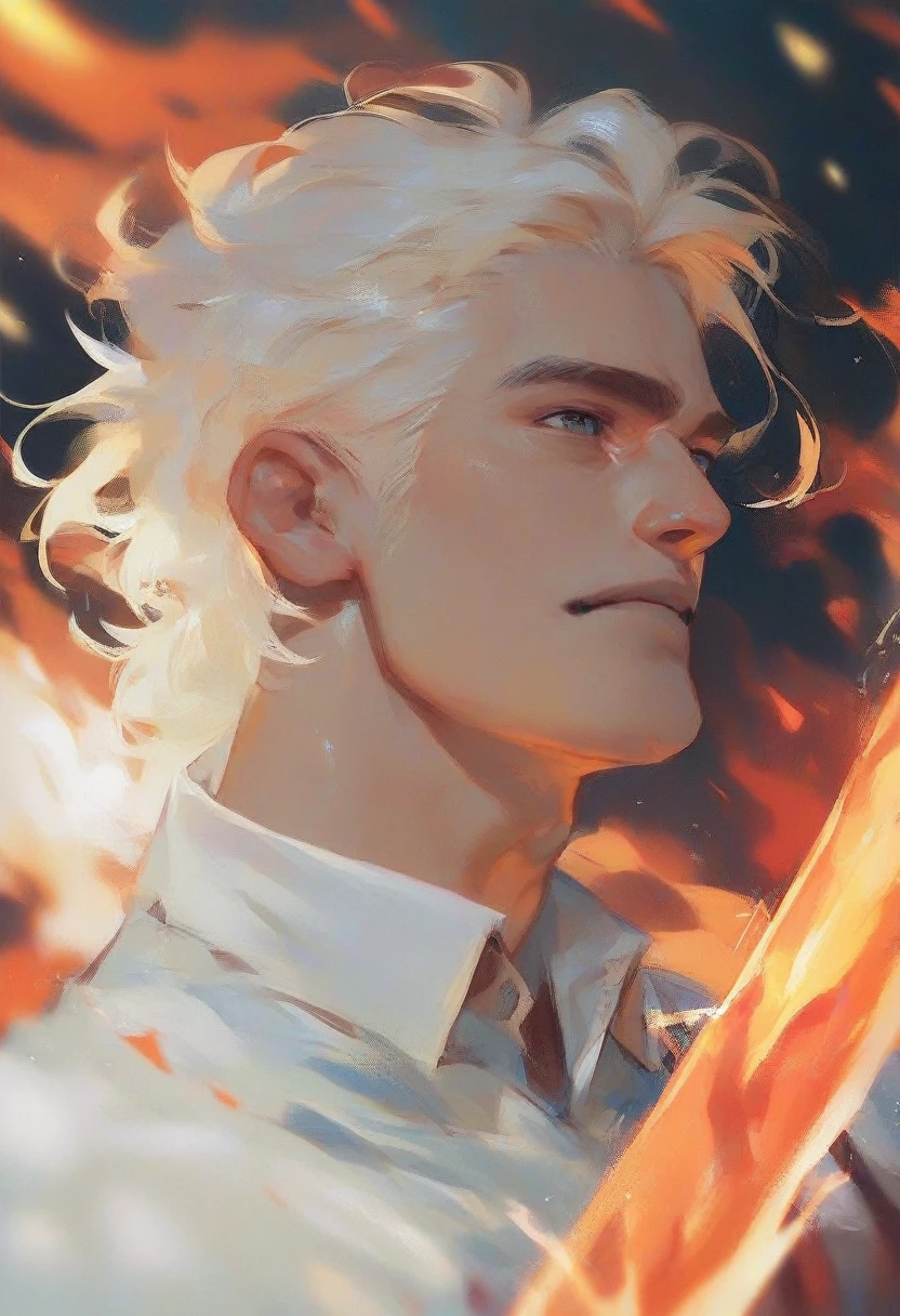 Man with blond hair with a flaming sword