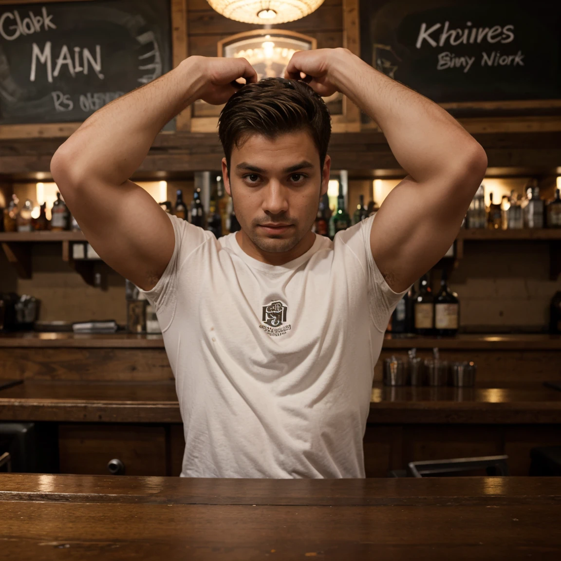 First person view of a man and seeing his two arms at a bar