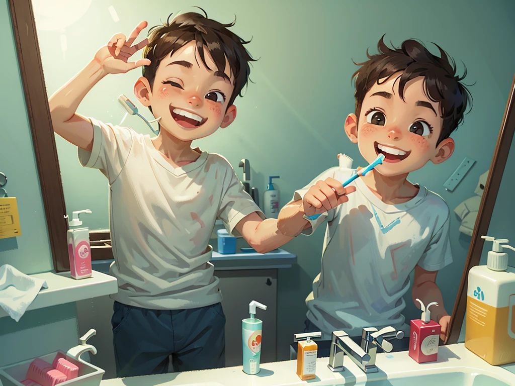 A smiling boy, brushing teeth in the bathroom, his hand with toothpaste, as if I imagined flying.