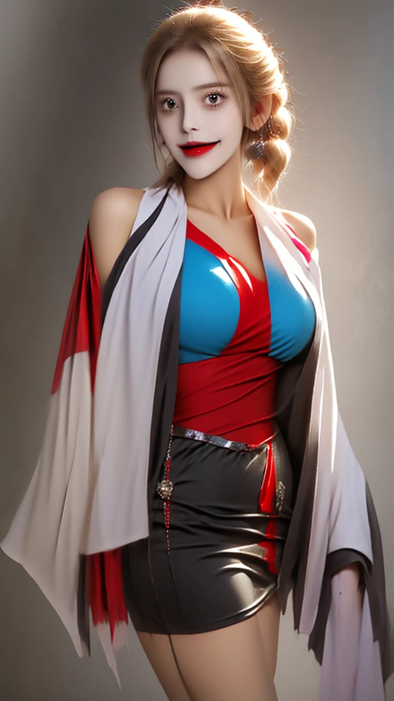 Tall woman with crimson red phoenix wings and red hair with yellow tips, big breasts, marked abdomen and big butt, wearing a tight red and blue dress.