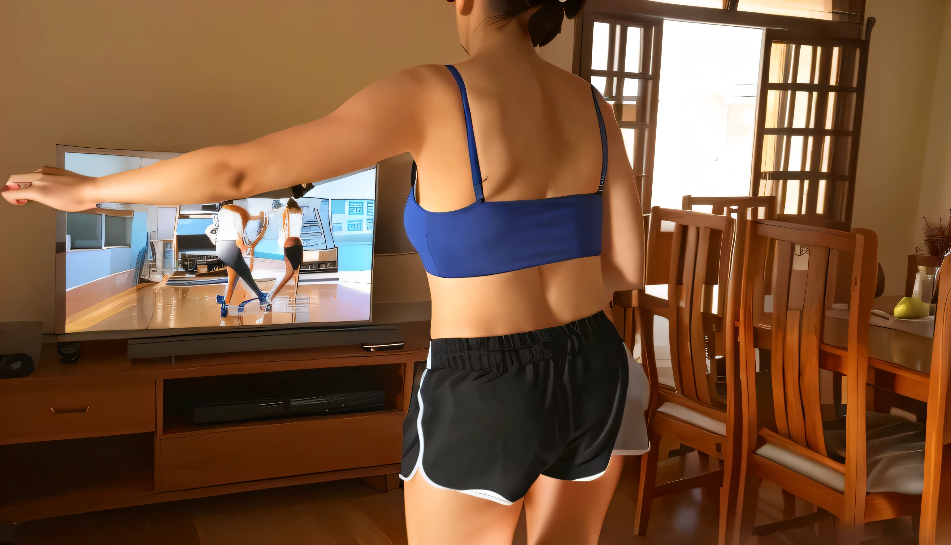 woman in blue top and black shorts playing wii in living room, toned derriere, rear-shot, back - shot, back shot, shot from the back, back pose, back view!!, backshot, view from the back, seen from the back, rear shot, back turned, from the back, long shot from back, long shot from the back