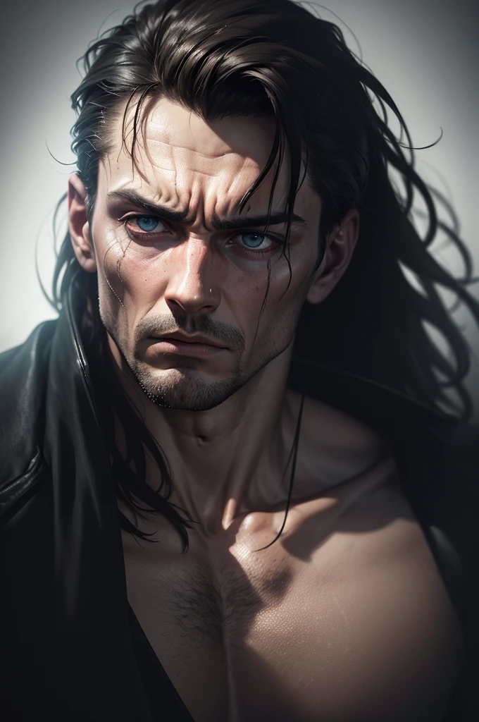 a man disturbed and frightened by something, in a dark place, detailed face, intense expression, dramatic lighting, cinematic, dark shadows, moody atmosphere, chiaroscuro, horror, dystopian, gritty, realistic, (best quality,8k,highres,masterpiece:1.2),ultra-detailed,(realistic,photorealistic,photo-realistic:1.37),HDR,UHD,intense colors,dramatic lighting