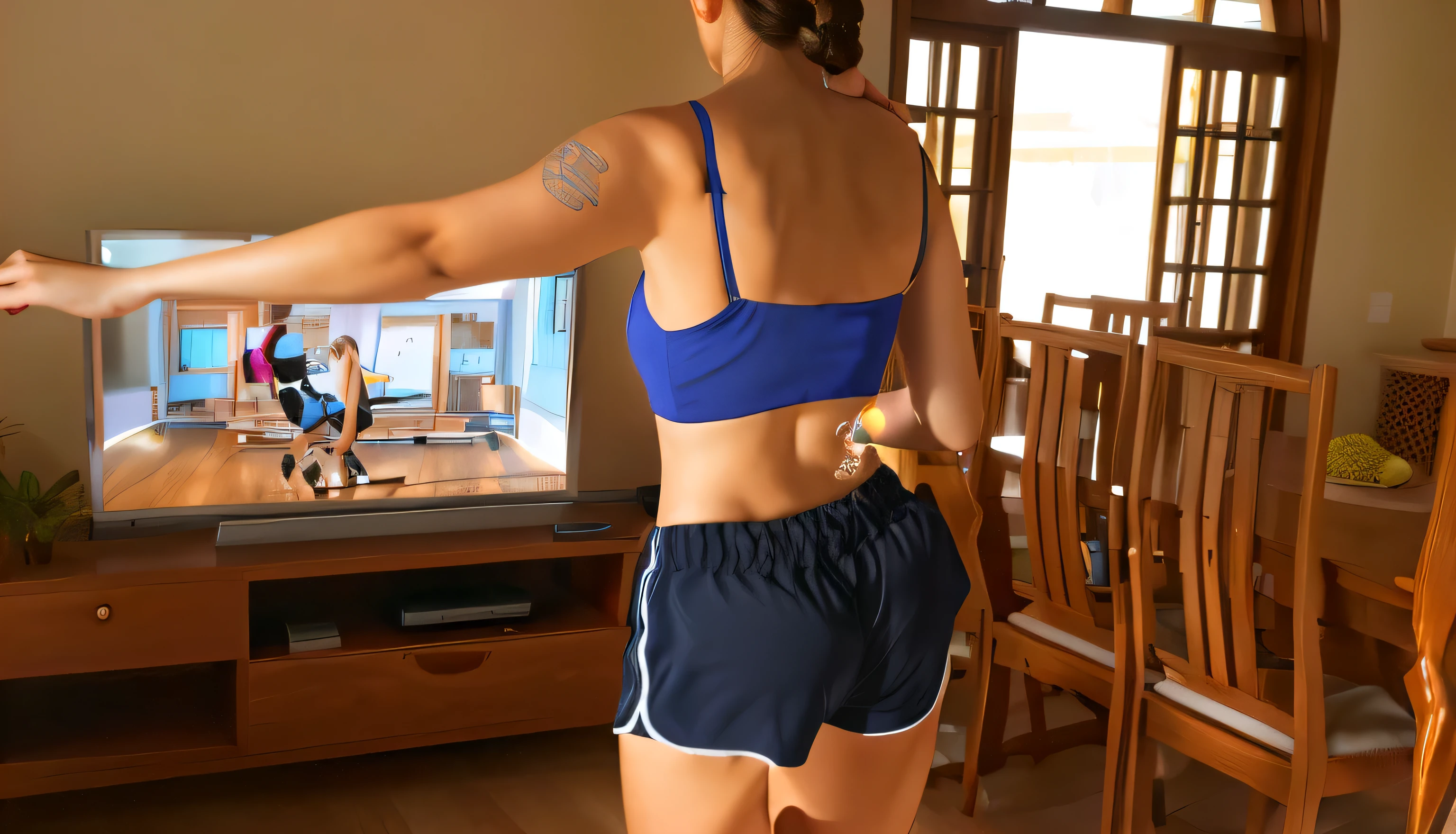 woman in blue top and black shorts playing wii in living room, toned derriere, rear-shot, back - shot, back shot, shot from the back, back pose, back view!!, backshot, view from the back, seen from the back, rear shot, back turned, from the back, long shot from back, long shot from the back