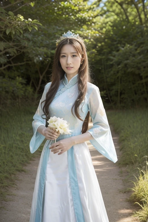 A woman in a blue and white dress、Woman with flowers on her head, Hanfu, palace, Girl wearing Hanfu, blue Hanfu, White Hanfu, Dressed in ancient Chinese costumes, ((Beautiful fantasy queen)), ancient Chinese Princess, Chinese, Chinese traditional clothing, Chinese Clothing, Beautiful fantasy queen, Chinese Princess, Traditional Beauty,