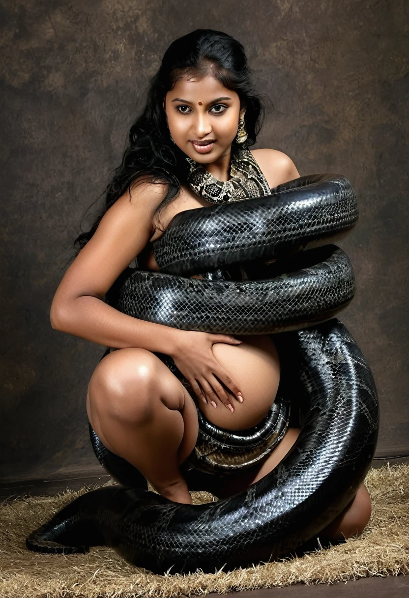 Pregnant Happy Horny, aroused 1girl), beautiful kneeling Indian young girl with giant colossal black titanboa squeezing her hard, wrapped in thick spiraling coils, constricted, struggle, gasping for air, snake attack, snake peril, moonless night, dim light