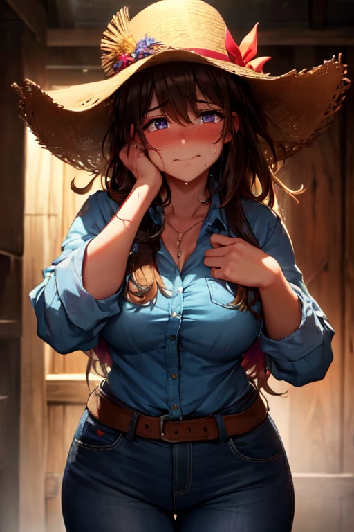 (high quality, high resolution, fine details), realist, colorful background, woman crying hard, tears running down her face, sobbing uncontrollably, palms pressed against his cheeks, wet cheeks, Alone, curvy woman, messy hair, crying eyes, (detailed eyes), SMILE, blush, sweat, Oily skin, shallow depth of field, foggy atmosphere, deeply moving scene, dark and dramatic lighting