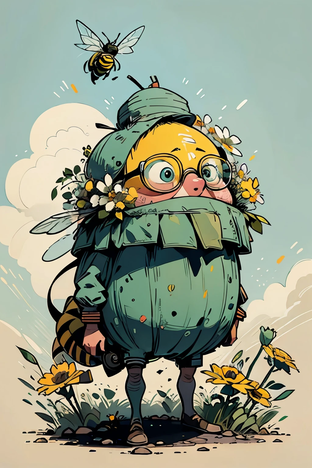 a fat bee with tiny wings, 8k, creative illustration, masterful artwork, strange art, wearing a bucket hat, wearing glasses, flowers