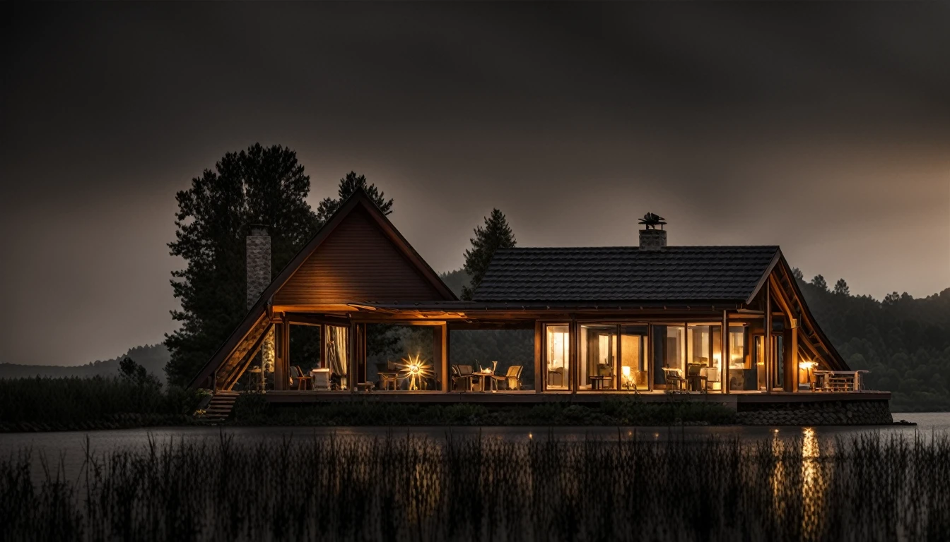 The front of a simple house on the lake on a dark night with little lighting.