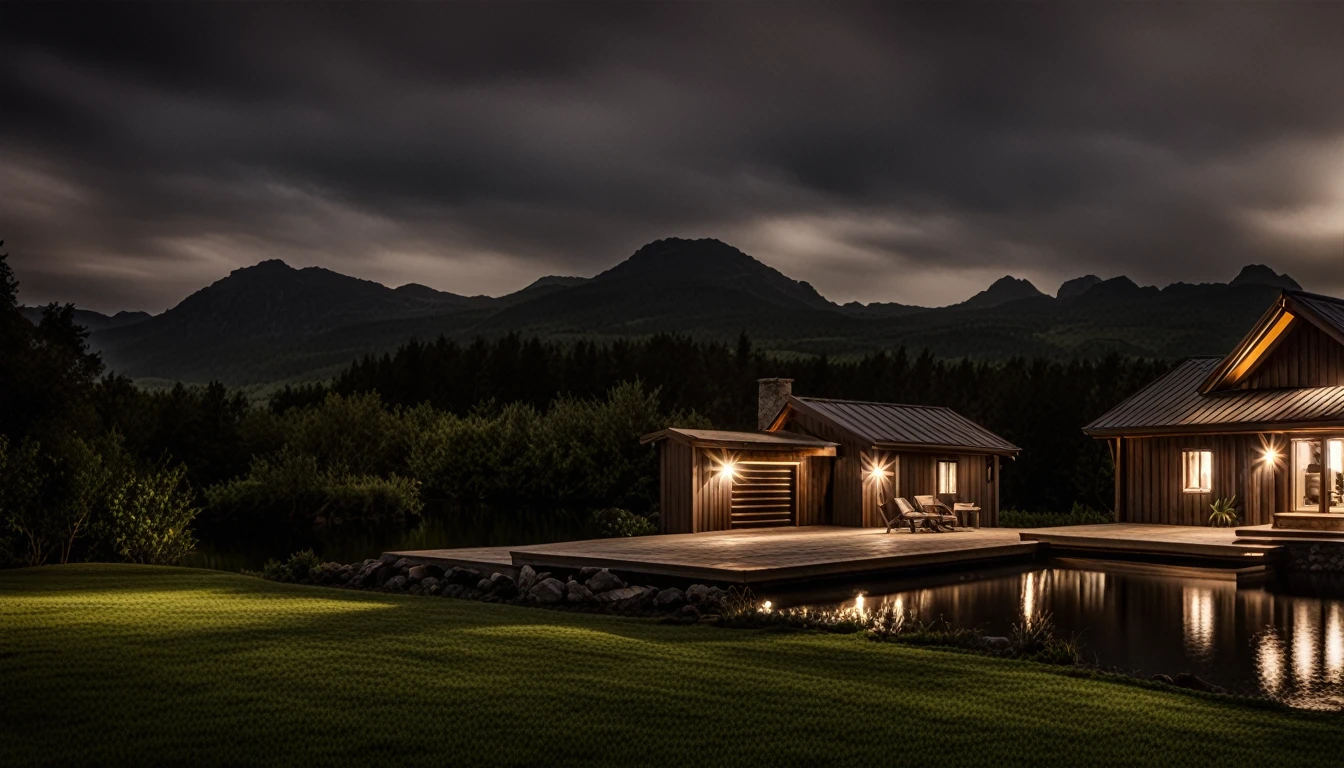 The front of a simple house on the lake on a dark night with little lighting.