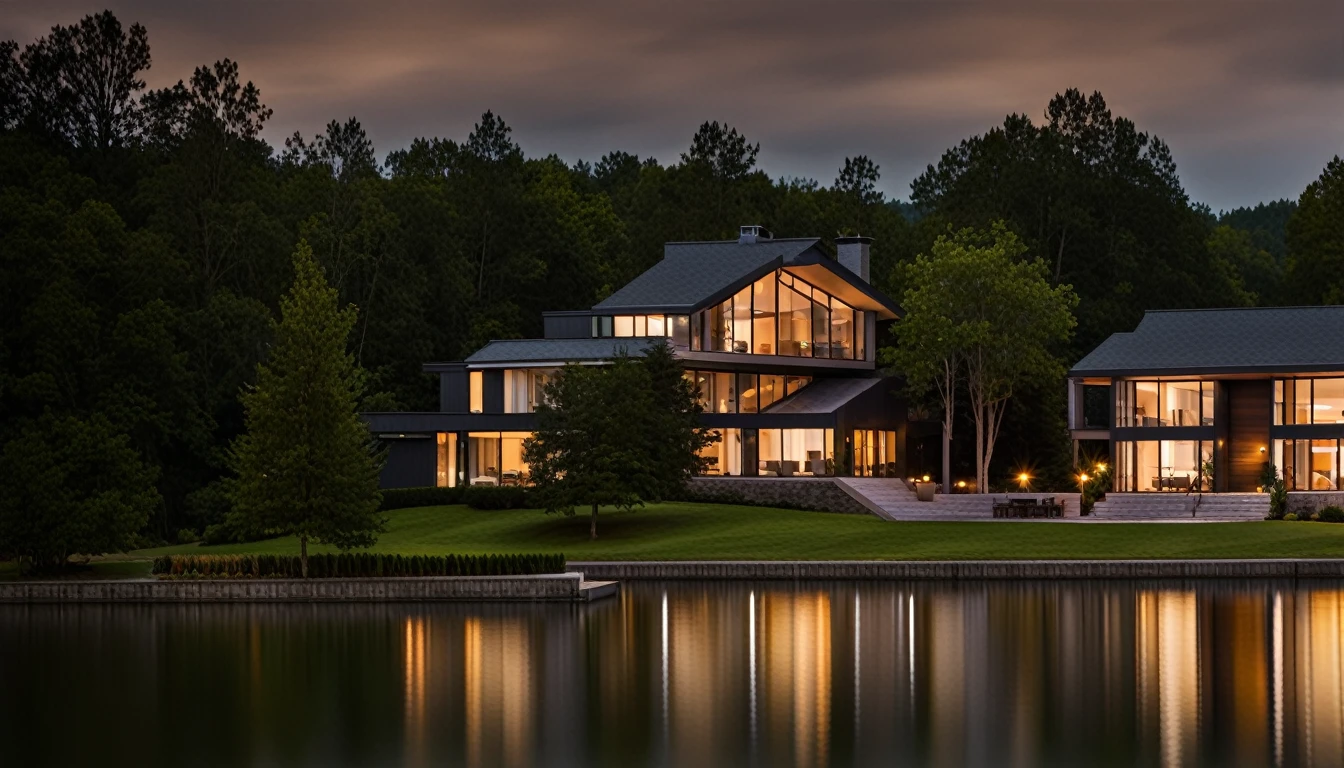 The front of a simple house on the lake on a dark night with little lighting.