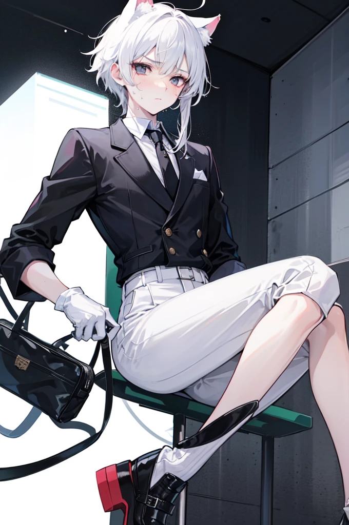 A 18-year-old boy, white and tender skin, cute, wearing white long-sleeved shirt, black jacket and black work tie, black trousers, black booties, white gloves, collar, white hair,wear cat ears, black eyes, thin waist, thin legs, handsome, disdainful and indifferent expression, shy, blushing, afraid, sweating, tired, pornography, Pornographic action