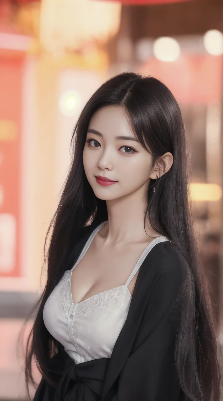 ((Best Quality, 8K, Masterpiece: 1.3)), Super Cute Beautiful Woman, 1 Girl, (Beautiful Breasts:1.3), (Abs, Slender Figure: 1.1), Sharp Focus, (((Intricate Details)), High Detail, Upper Body, One Girl, Black Straight Hair with bangs, Japan Uniform, White collard shirt, red blazer, white Pleats Skirt, knee-length skirt, 8K, 8K Resolution, clean detailed face, Detailed Body, Detailed Clothes, Sharp Images, Japan Anime Concept Art, trending on Pixiv, looking the viewer, facing the viewer, seductive model pose, seductive smile, pink lipstick, bokeh, field of depth, 8 life size, 8k resolution, upper body image, shot on EOS 5D Mark IV, 35mm lens, f1.8, from side, night Paris Cafe background,