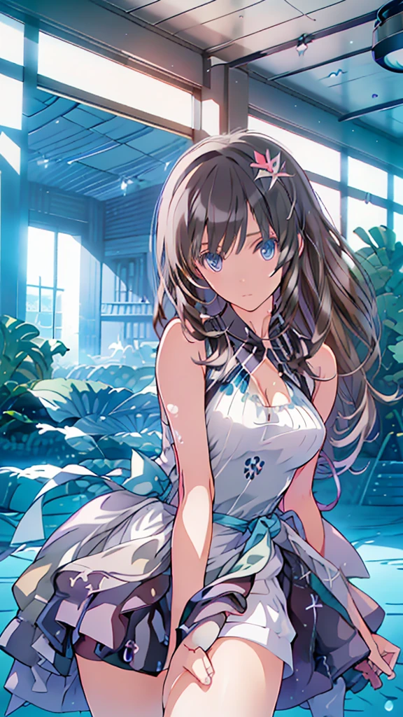 best quality, extremely detailed, anime style girl, long hair down to the waist, straight hair, dark black hair with bluish, beautiful detailed eyes, pinched eyes, dark blue eyes, huge breasts,curvy, ((((A dress made of running water and light)))),hair accessory,((((Luxury cottage rooms by the sea)))),pov face,
